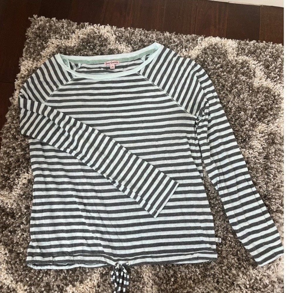 Juicy Couture Y2K Striped Boxy Cropped Long Sleeve Tee Drawstring‎ M